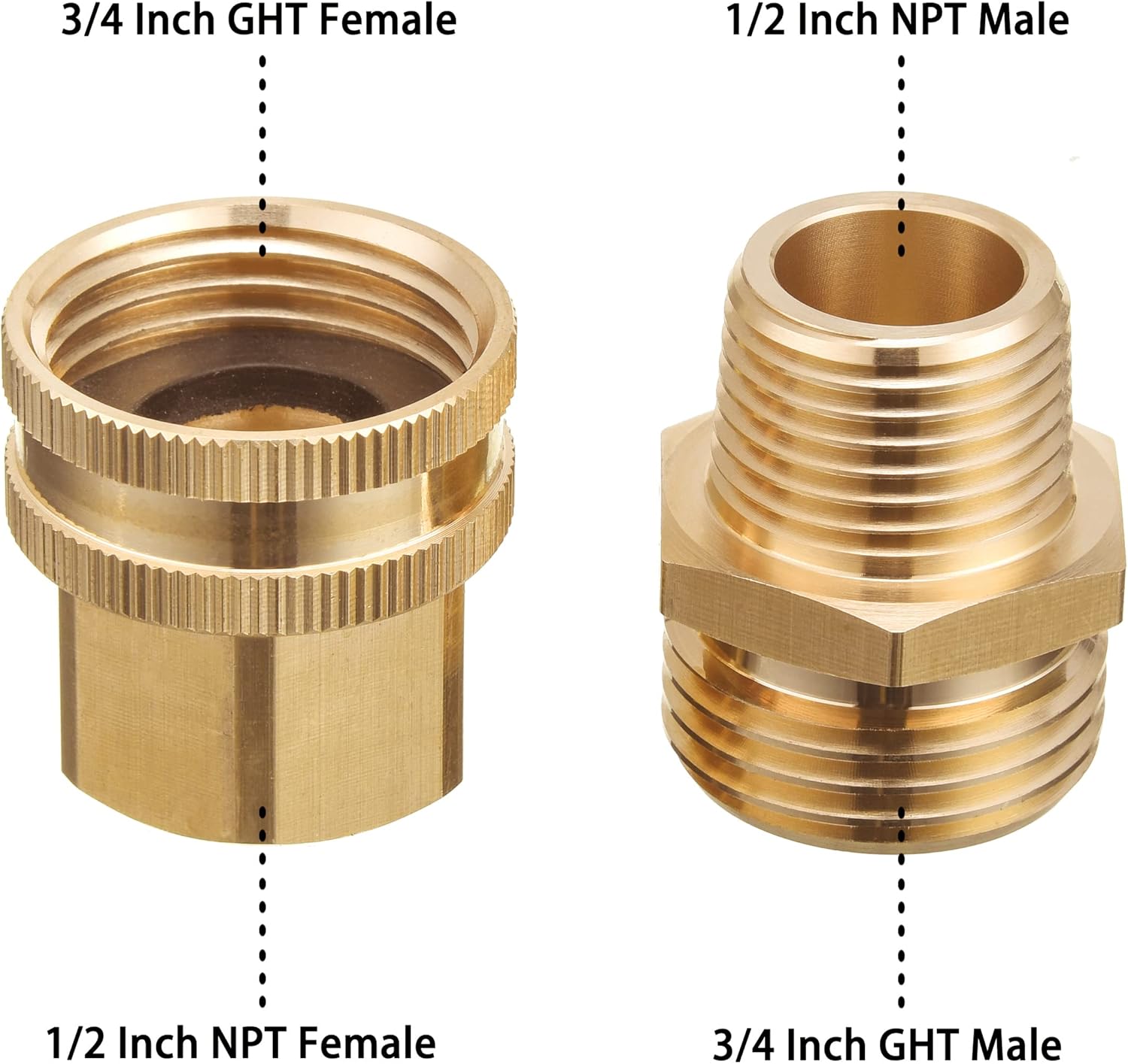 JOEJET Garden Hose Adapter, 3/4 Inch GHT to 1/2 Inch NPT, Brass Quick Connect Garden Hose Fittings, 2 Pack