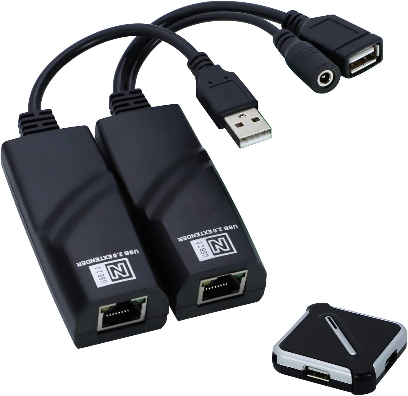 E-SDS USB Extender Over Cat5E/6 up to 196ft, USB2.0 Over Cat6 Cat5E Extender with 4 USB 2.0 Ports, Plug and Play, No Driver Needed Support All Operating System, Two Web Cameras Work Synchronously Pack of 2
