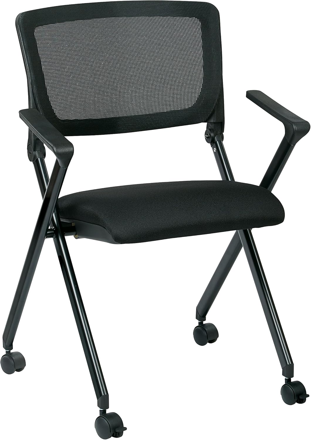 Office Star Breathable Flexible Mesh Back Folding Nesting Chair with Padded Fabric Seat and Casters, 2-Pack, Black with Titanium Frame