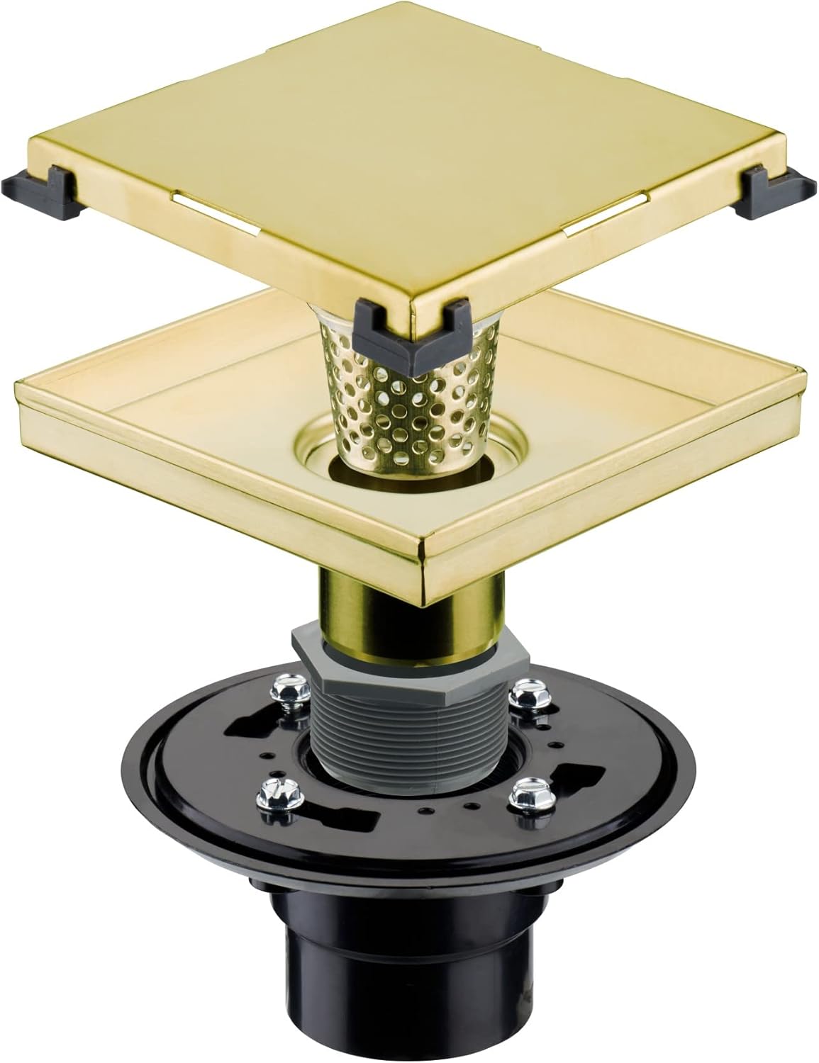 Matte Black Shower Drain with Flange , HIDROP SUS 304 Stainless Steel 6 inch Square Shower Floor Drain with Removable Tile Insert and Hair Strainer