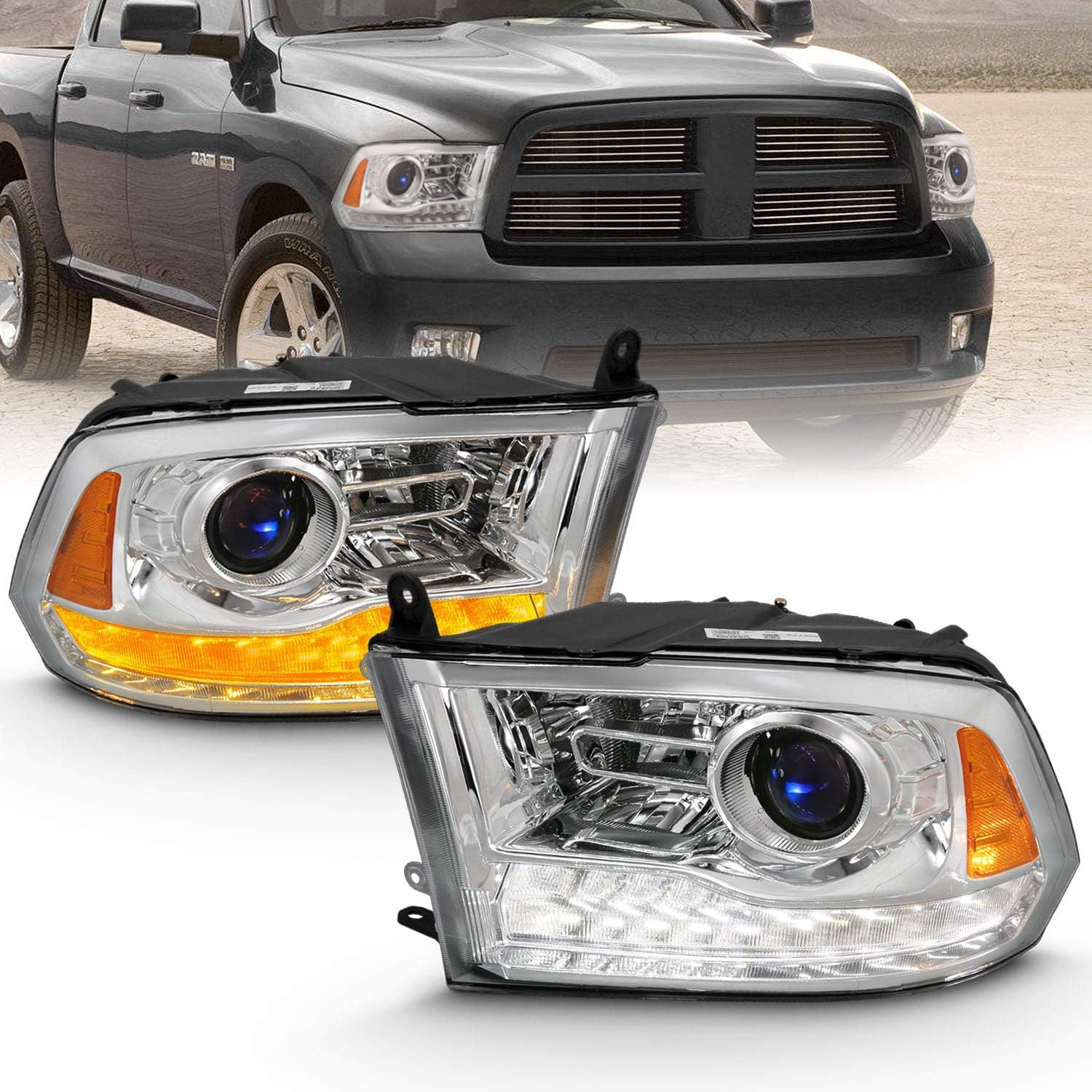 AmeriLite Projector Matte Black Headlights LED DRL Switchback Parking Turn Signal for 09-18 Dodge Ram 1500 2500 3500 Truck- Passenger and Driver Side