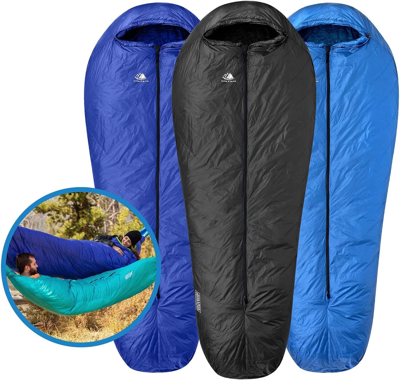 Hyke & Byke Crestone 15 F Hiking & Camping Hammock Sleeping Bag - 3 Season, 650FP Duck Down Sleeping Bag - Ultralight - Black - 78 in - Regular