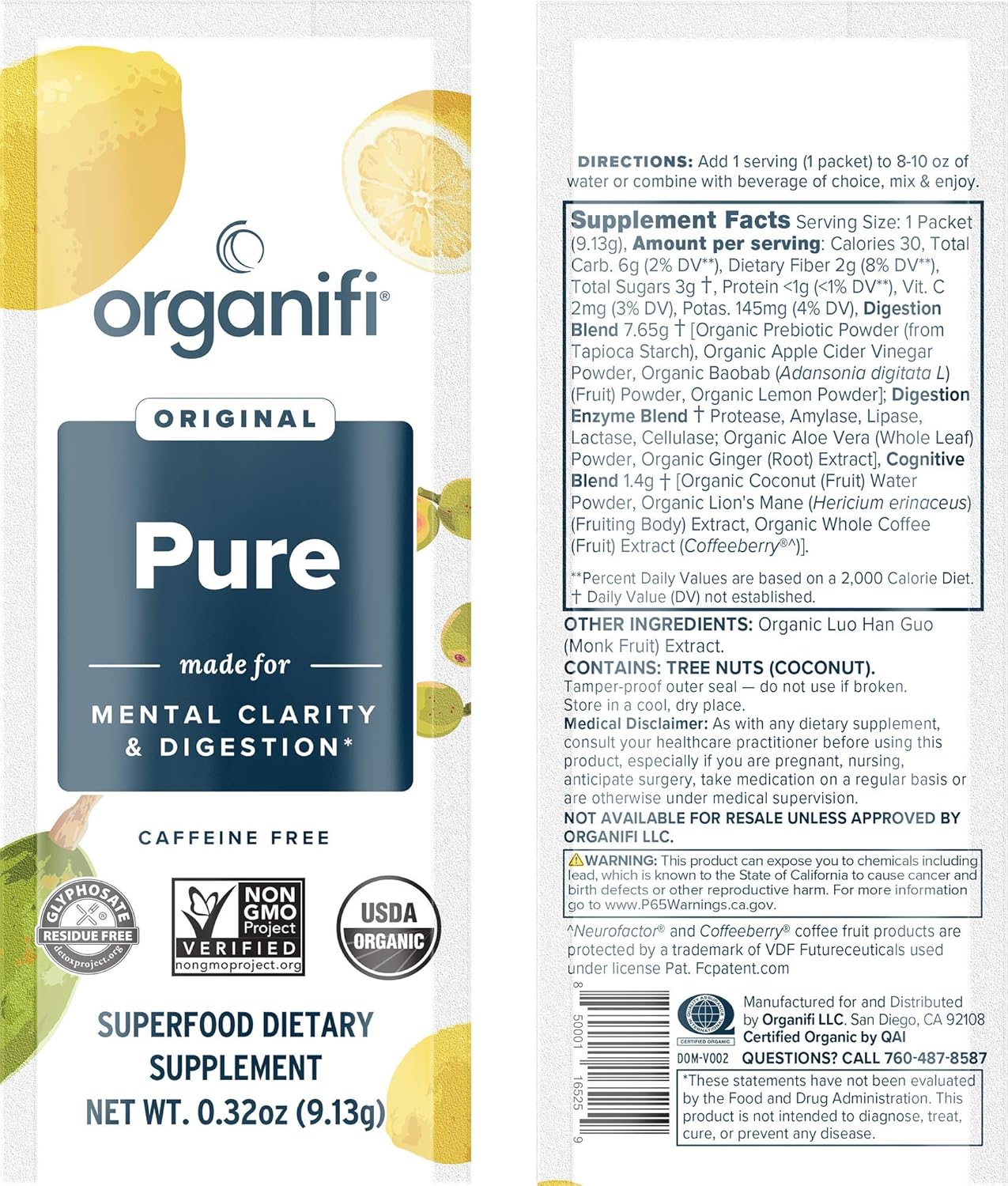 Organifi: Pure Smart Packs - Organic Brain Boost Superfood Solution - 3 Pack - Lemon Flavor - Revitalize & Alkalize for Daily Mental Focus - Gut-Cleansing Digestive Enzymes - Immunity Support