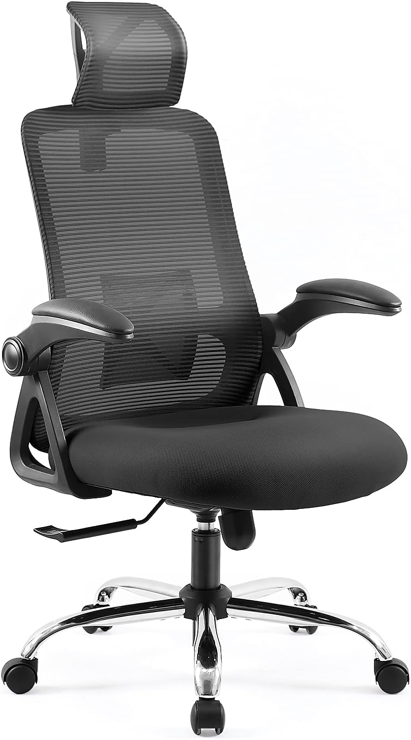 Ergonomic Office Chair, High Back Mesh Office Chair with Wheels - Adjustable Headrest with Flip-Up Arms, Tilt Function, Lumbar & Neck Support, Sturdy Fashion Swivel Computer Chair (1 Set)