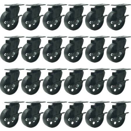 24 All Black Metal Swivel Plate Caster Wheels w/ Brake Lock Heavy Duty High-gauge Steel (4 inch with BRAKE)