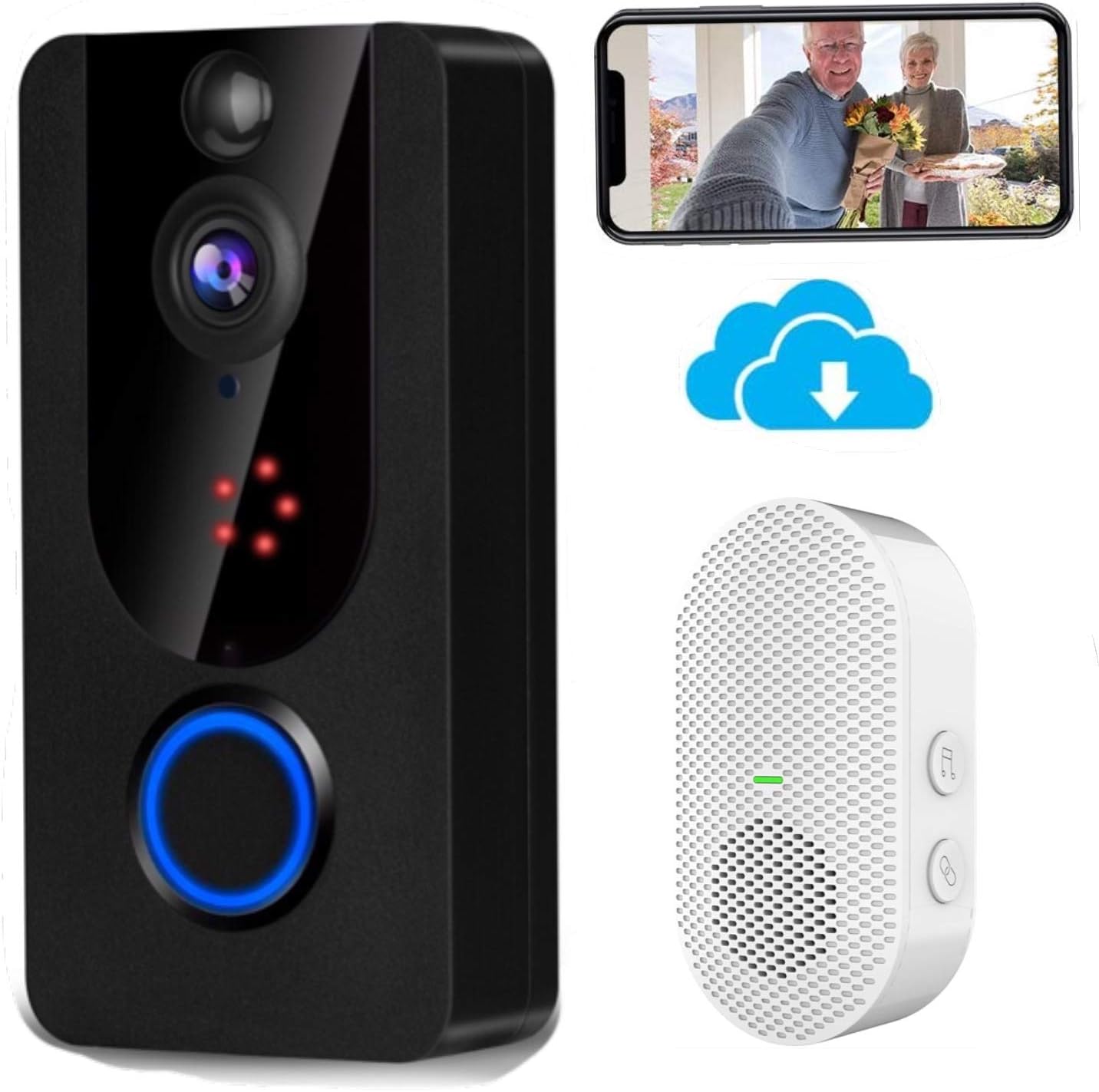 Wireless Doorbell Camera 1080P with Chime, Video Doorbell Camera with PIR Motion Detection, Wi-Fi Smart Door Bell with Lifetime Free Cloud Service, IP65 Waterproof, 2-Way Audio, Clear Night Vision Pack of 2