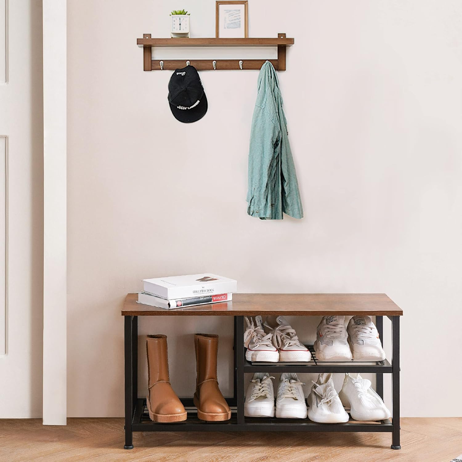 Apicizon 3-Tier Shoe Rack for Entryway with Boots Storage, 31.5 Inch Industrial Shoe Organizer with Mesh Shelves Wood Seat, Storage Bench for Living Room or Hallway