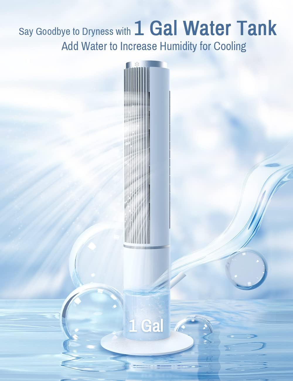 Evaporative Air Cooler - HiFresh 42-In Bladeless Tower Fan w/4 Ice Packs & Water Tank, 3 Speeds & Cooling Mode 600CFM Swamp Cooler, 70&deg;Oscillation, 12-H Timer Remote Control for Large Room/Home/Office