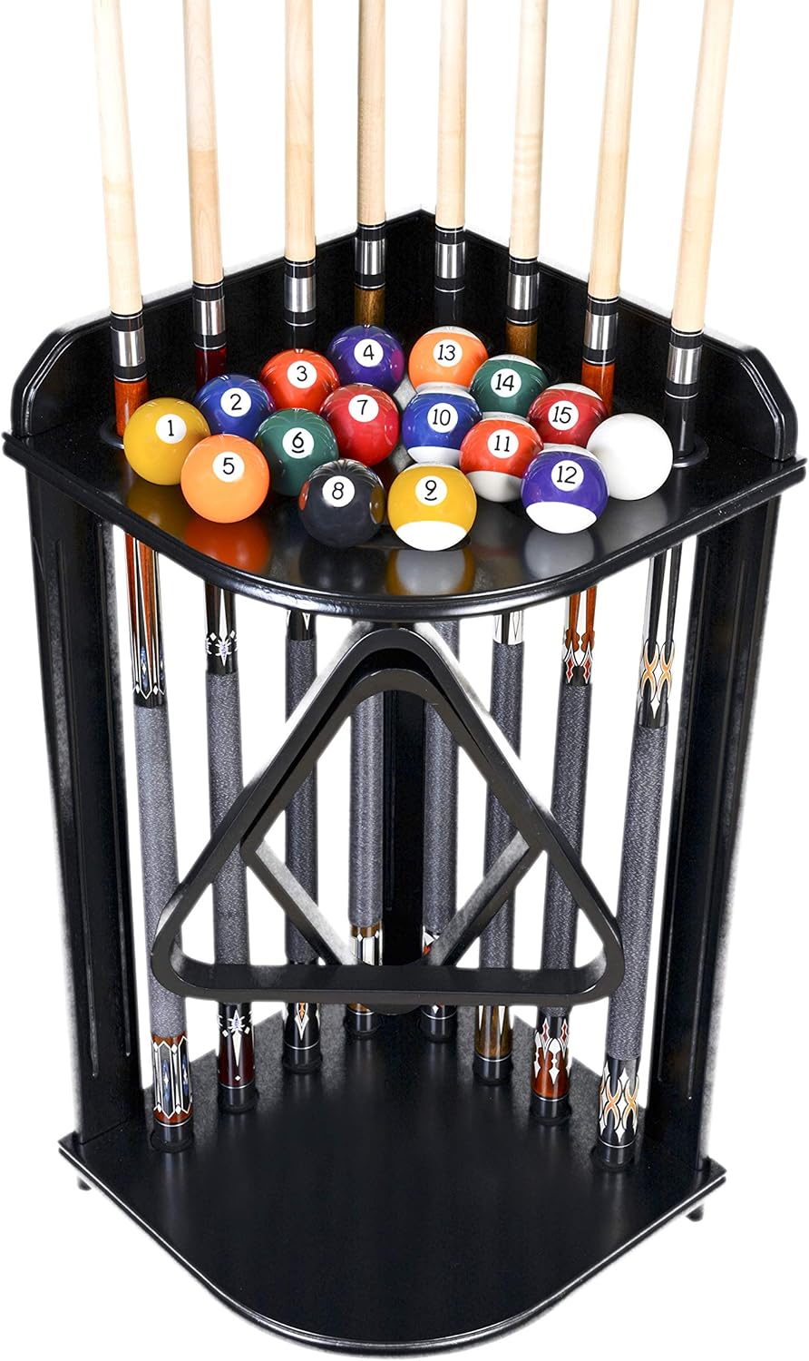 ISZY Billiards 8 Pool Cue Rack Only- Billiard Stick Stand Holds 8 Cues & Ball Set Choose Mahogany, Dark Oak or Black Finish