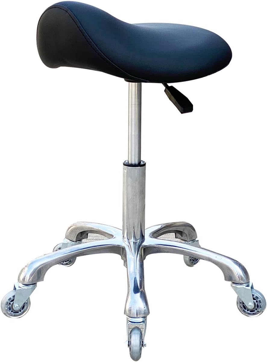FRNIAMC Professional Saddle Stool with Wheels Ergonomic Swivel Rolling Height Adjustable for Clinic Dentist Beauty Salon Tattoo Home Office (Black)