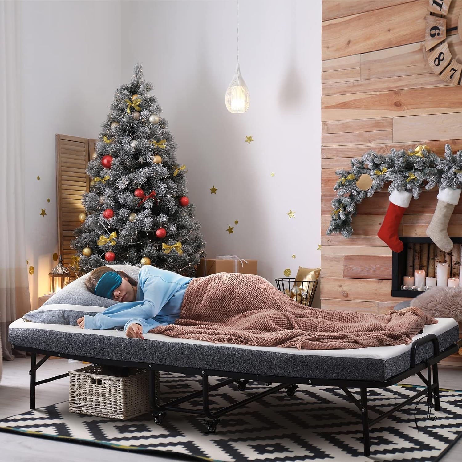 Folding Bed with Mattress Twin Size, Portable Foldable Guest Bed for Adults, Rollaway Bed with Memory Foam Mattress, Christmas Guest Bed for Adults, Space-Saving Sturdy Metal Frame, 75” x 38”