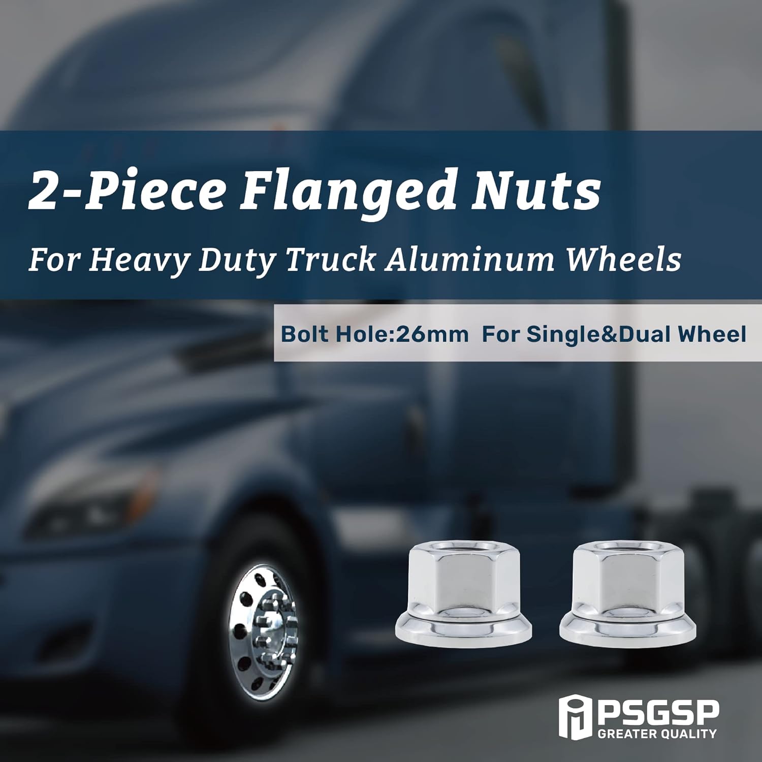 PSGSP Two-Piece Flange Wheel Nuts - M22x1.5 Hex:33mm Chrome for Heavy Duty Truck Semi Truck Fit Alcoa Accuride Aluminum Wheels with Hub Piloted - Bolt Hole 26mm - 10pcs