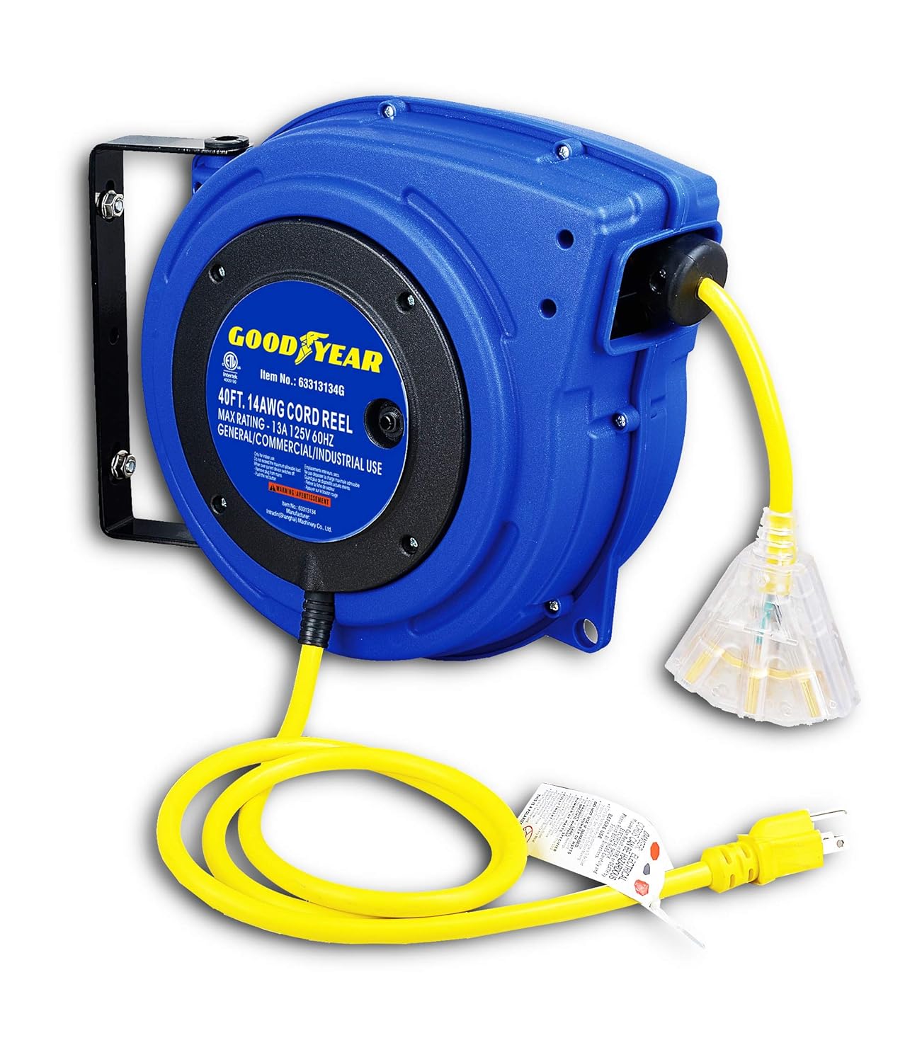 GOODYEAR Extension Cord Reel Extra Long 40 ft 14AWG 3C SJTOW, Triple Tap Connector, Heavy Duty, Slow Retraction Stop at Any Point