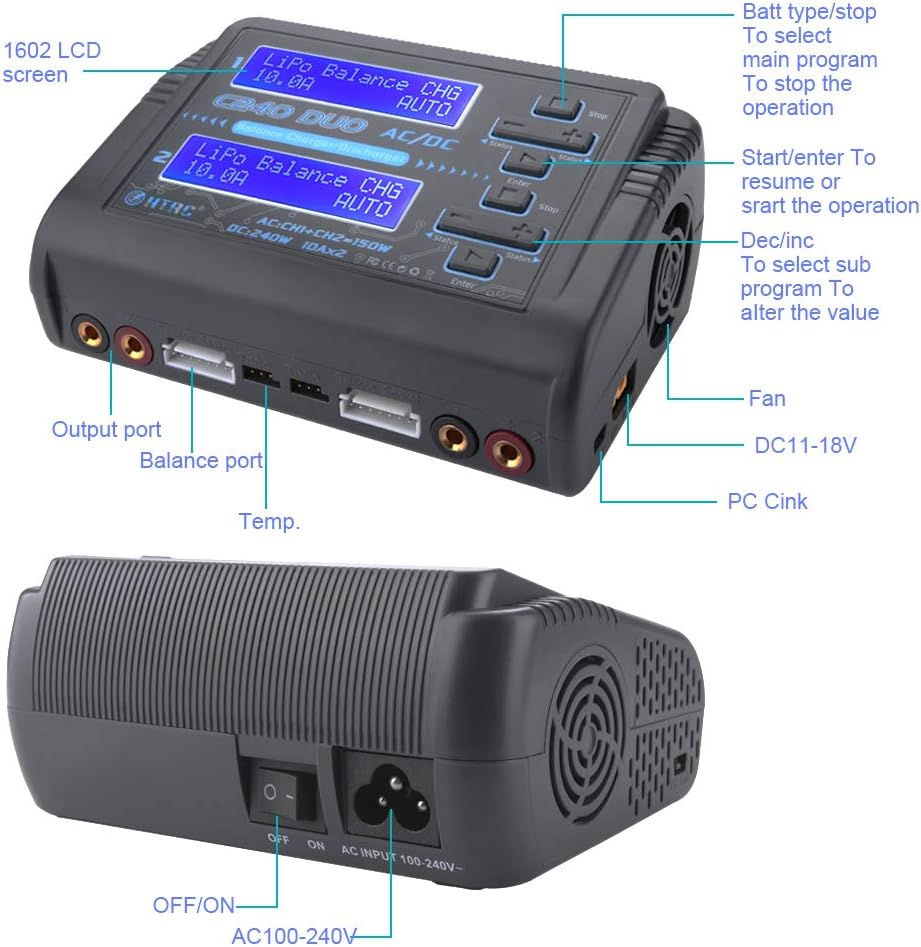 HTRC C240 Dual LiPo Balance Charger 1S-6S AC 150W DC 240W 10A RC Battery Charger Battery Charger Discharge for LiPo/Li-ion/Life(1-6s) NiCd/NiMH/LiHV/PB Smart Battery RC Car Charger