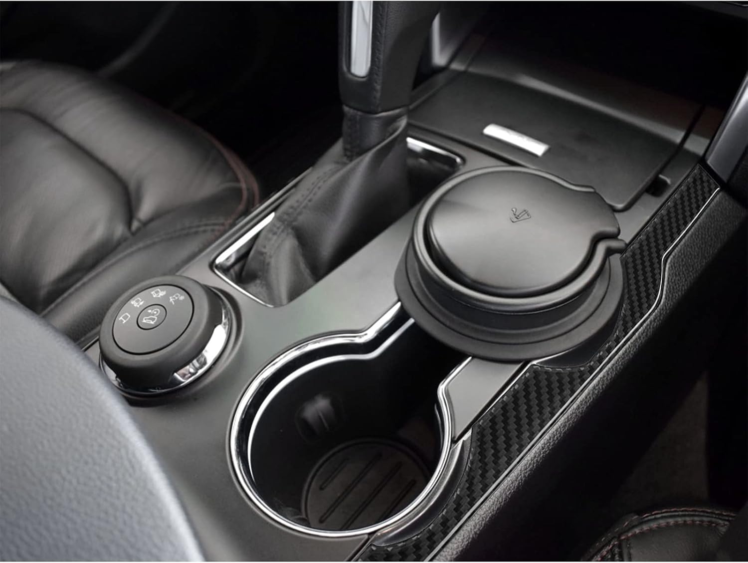 SUNJIKA Compatible with 2PCS Carbon Fiber Gear Box Shift Water Cup Holder Panel Side Strip Frame Cover Sticker Interior Accessories for Ford Explorer 2013 2014 2015 2016 2017 2018 (Black)