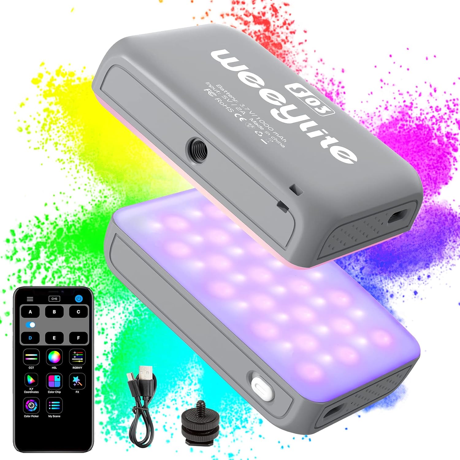 Weeylite S03 RGB Video Light, Portable Pocket LED On Camera Light 360° Full Color RGB Photography Lighting, Rechargeable RGB LED Video Panel Light with CRI 95+ 2800-6800K for Photoshoot/Vlog/YouTube Pack of 2