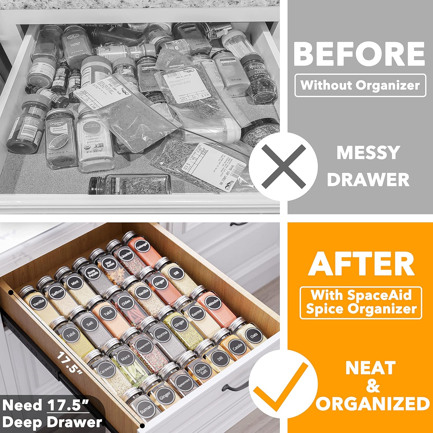 SpaceAid Spice Drawer Organizer with 28 Spice Jars, 386 Spice Labels and Chalk Marker, 4 Tier Seasoning Rack Tray Insert for Kitchen Drawers, 12.8