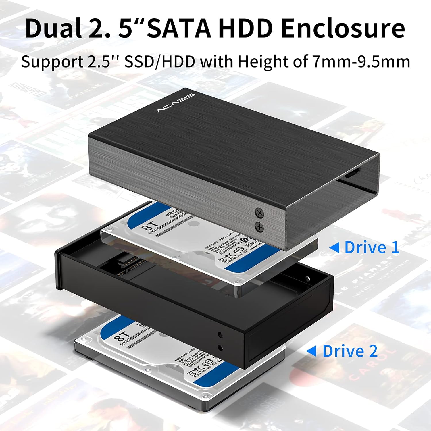 Acasis USB 3.0 Dual Bay External Hard Drive Enclosure for 2.5 Inch SATA I/II/III HDD RAID Docking Station, Black