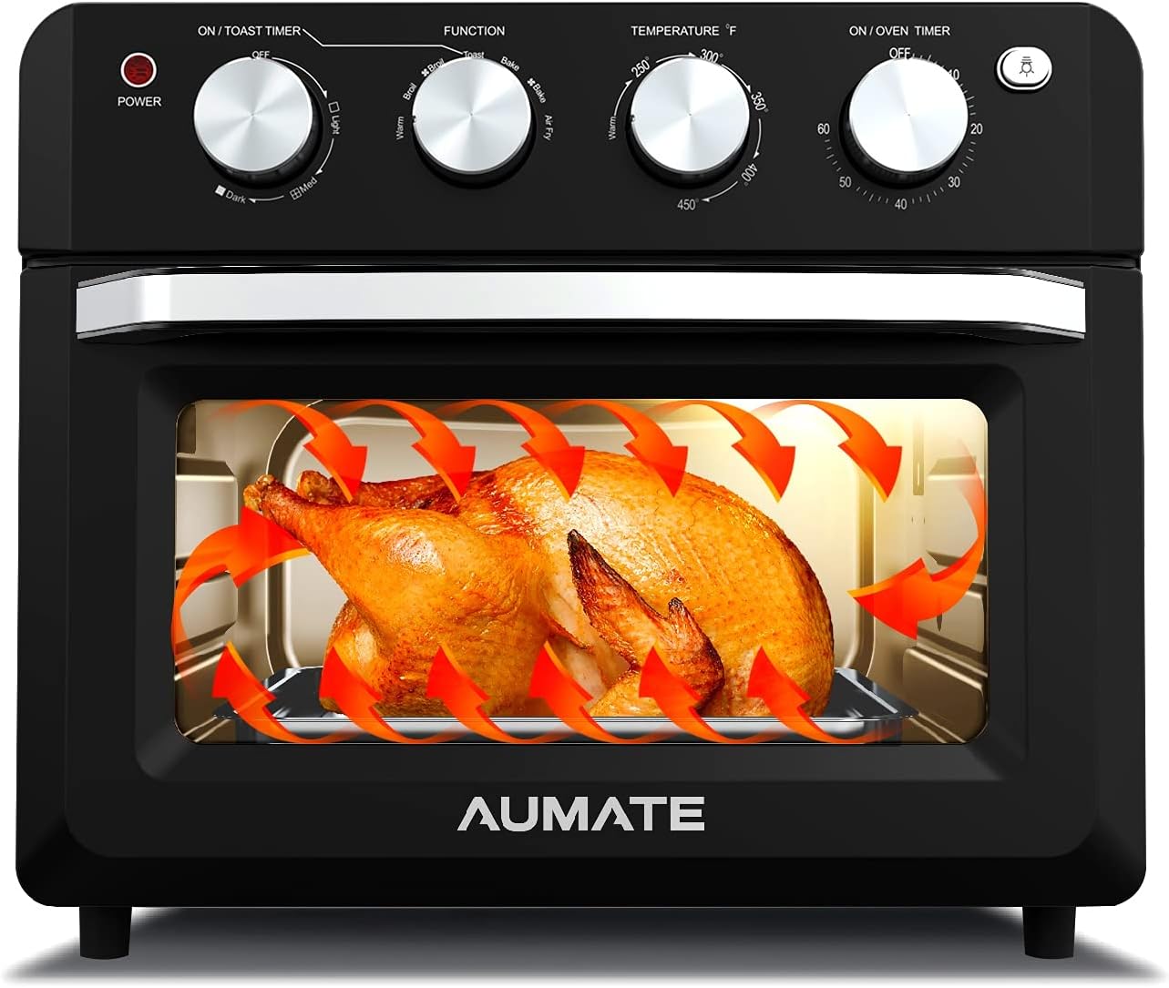 AUMATE Air Fryer Toaster Oven, 7-in-1 Convection Toaster Oven, 19 Quart Mini Oven with Timer, 4 Accessories 1550W Knob Control Multi-function Black