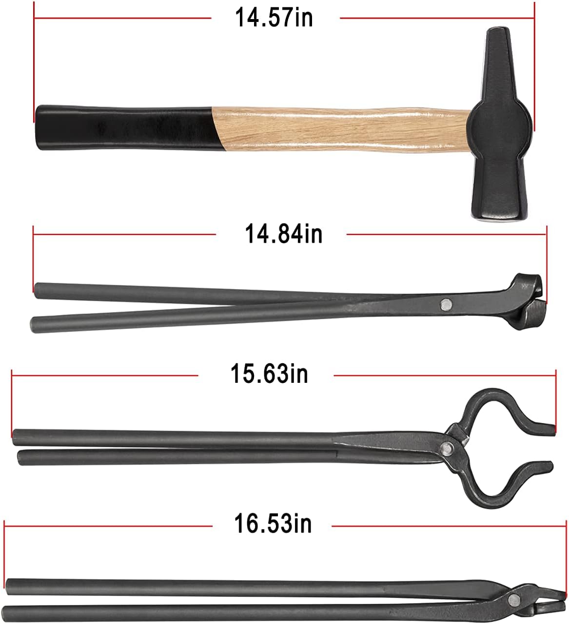 Knife Making Tongs Set and Blacksmiths&rsquo; Hammer Assembled Bladesmith Forge Tong Tools Set Vise Tools with Blacksmiths&rsquo; Hammer &ndash; 4Pcs