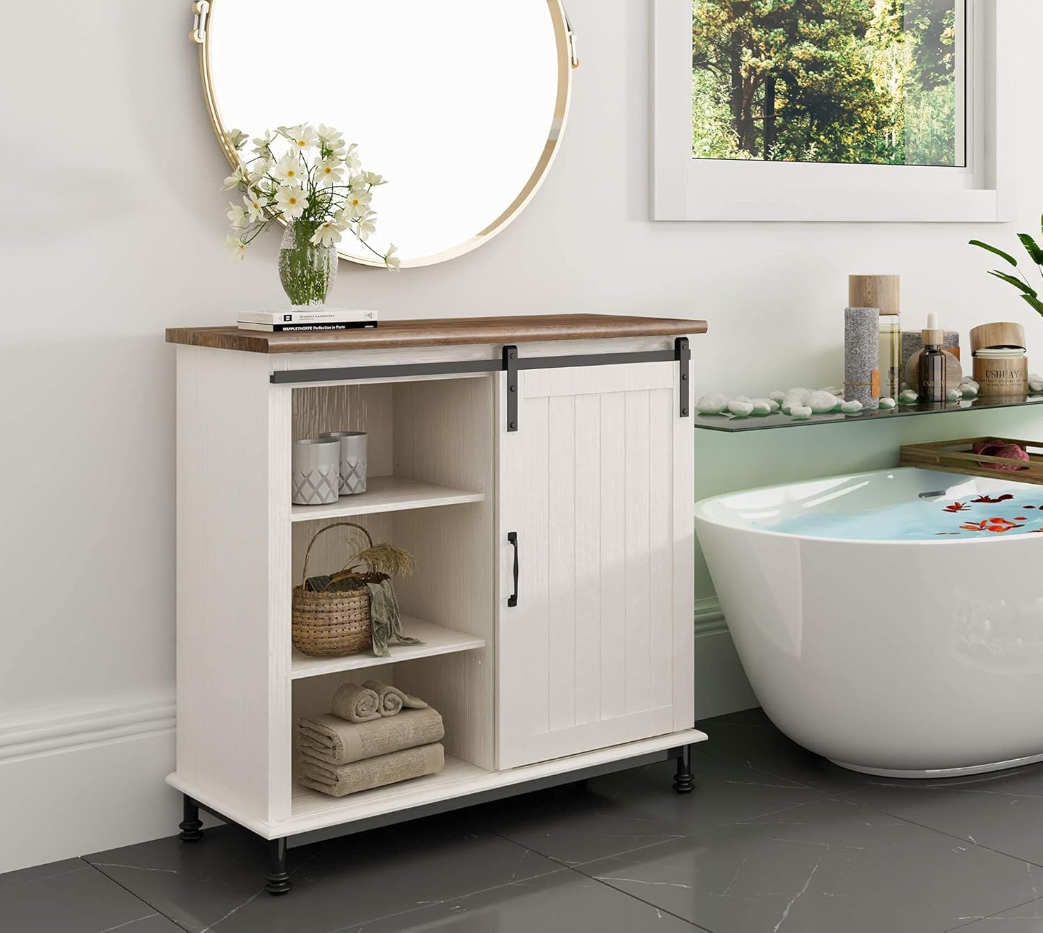 WAMPAT Farmhouse Sliding Barn Door Storage Accent Cabinet Buffet Cabinet for Living Room Bathroom and Home kitchen-30 Inch, White