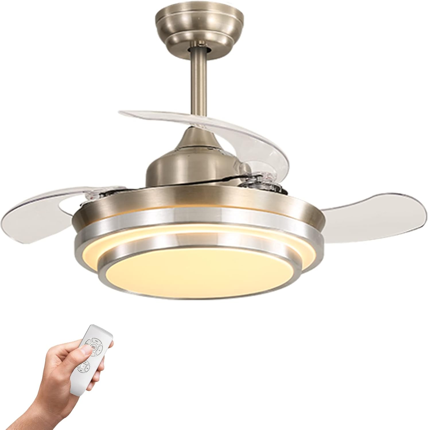 warmiplanet Retractable Ceiling Fan with Lights Remote Control, Bladeless Ceiling fan, 36 Inch and Brushed Nickel Motor
