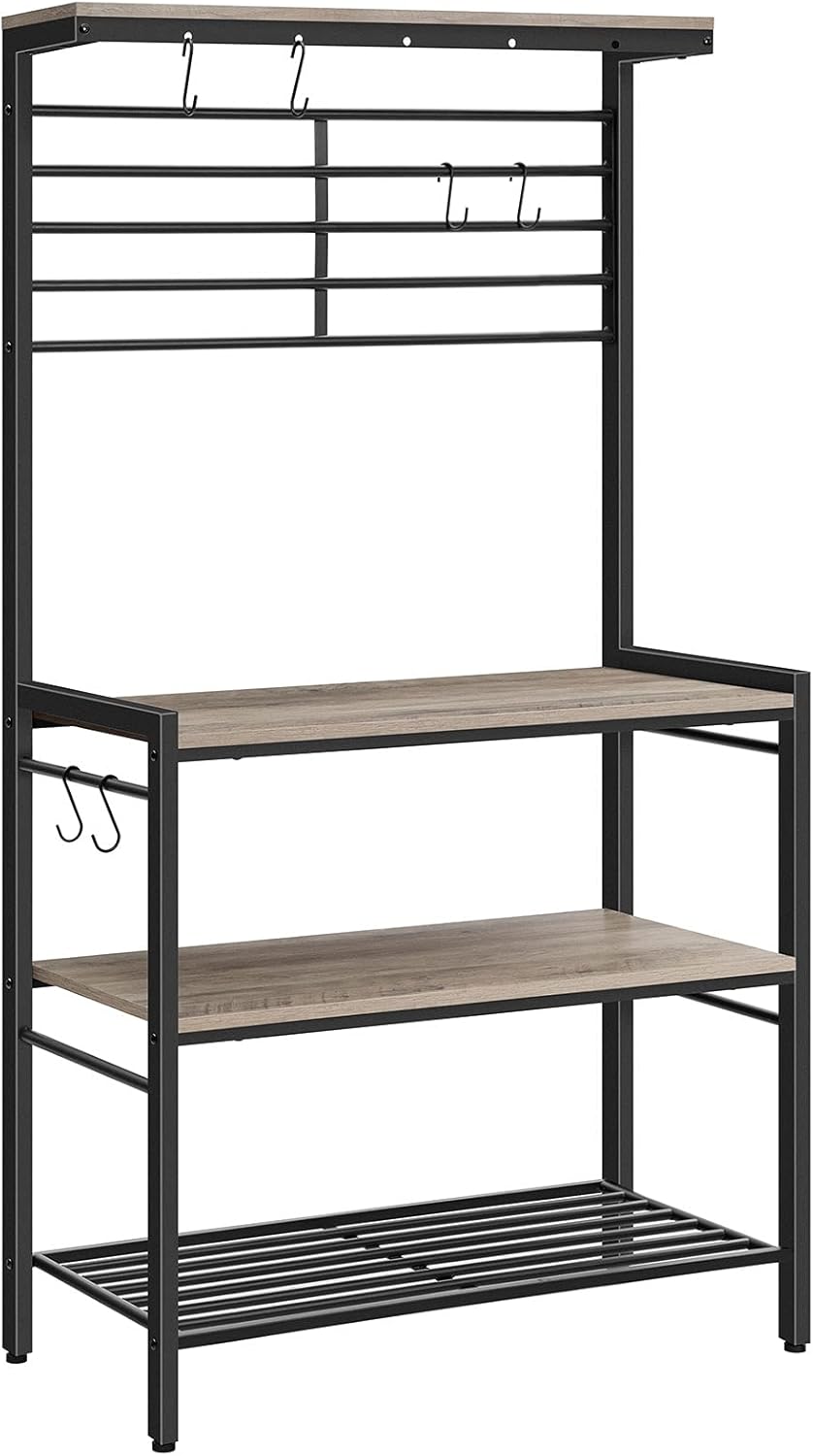 HOOBRO Baker's Rack with Hooks, Kitchen Storage Shelf Rack with High Display Shelf, 2 Wooden Shelves and Mesh Panel, Kitchen Island Rack, Adjustable Feet, for Microwave Oven, Rustic Brown BF01HB01