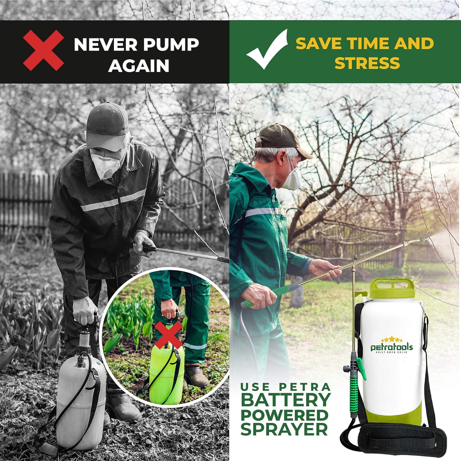 PetraTools 2 Gallon Battery Sprayer - Ultra Convenient Battery Powered Sprayer, Garden Sprayer & Weed Sprayer with Easy-to-Carry Strap, Electric Sprayer & Yard Sprayer with Long-Lasting Battery Life Pack of 2