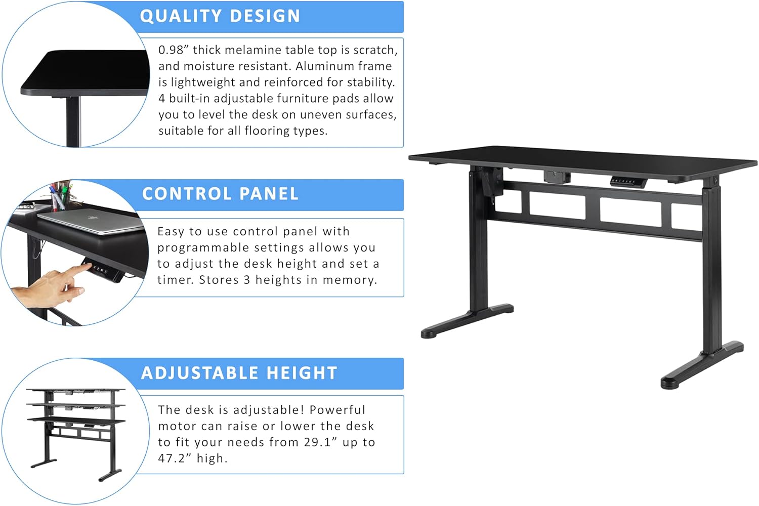 Vergo Standing Desk 55 x 24 Inches Electric Height Adjustable Home Office Desk Sit Stand with Table Top and Aluminum Frame (Black)