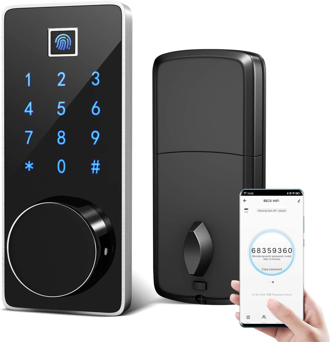 Smart Deadbolt Lock Wi-Fi Enabled Fingerprint with Electronic Passcodes Touch-screen, Digital Lock Remote Control Auto-Lock Keyless Entry Door Lock , Mifare Cards , Smartphone App Control, Backup Keys