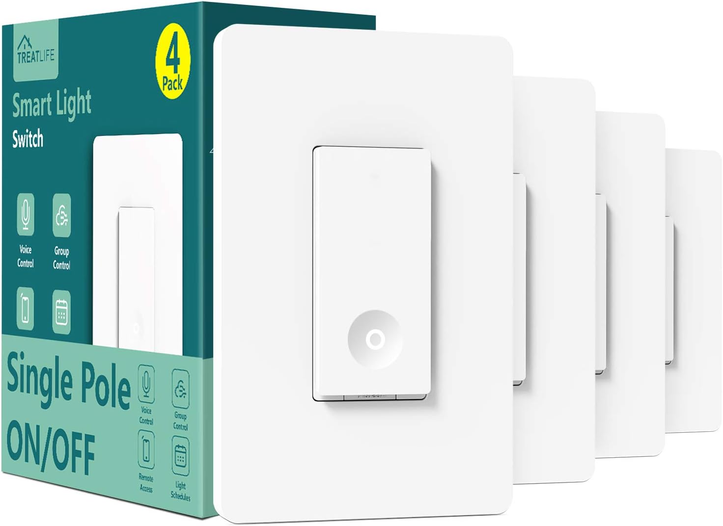 Smart Switch 4 Pack, Treatlife 2.4Ghz Smart Light Switch WiFi Light Switch Single-Pole, Neutral Wire Required, Works with Alexa, Google Home and SmartThings, Smart Home Remote Control, FCC/ETL Listed Pack of 2