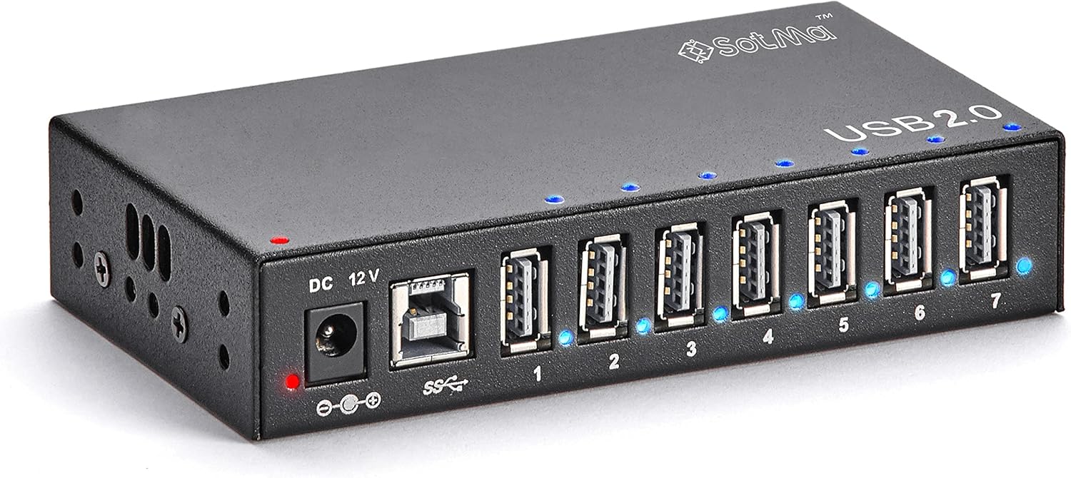 SotMa - USB 2.0 Hub - 7 Port Powered USB Hub Splitter - USB Port Expander with 12V 3A Power Adapter, LEDs and Mounting Bracket - Black Pack of 2