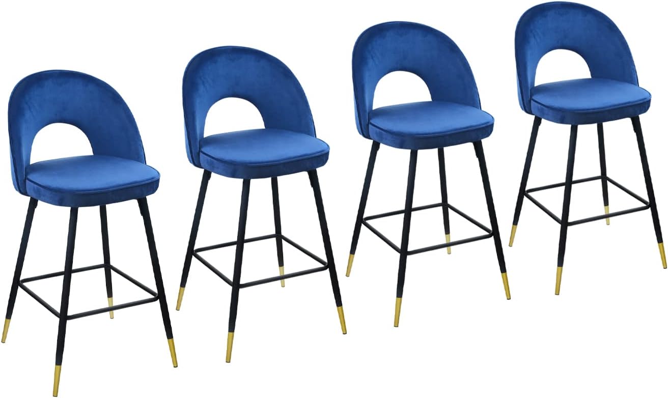 Modern Bar Stools Set of 2 with Open Back - 27&rdquo;Counter Height Bar Stools with Footrest - Comfortable Velvet Bar Stool Chairs for Kitchen Counter - Mid Century Island Stools,2 Stools,Royal Blue