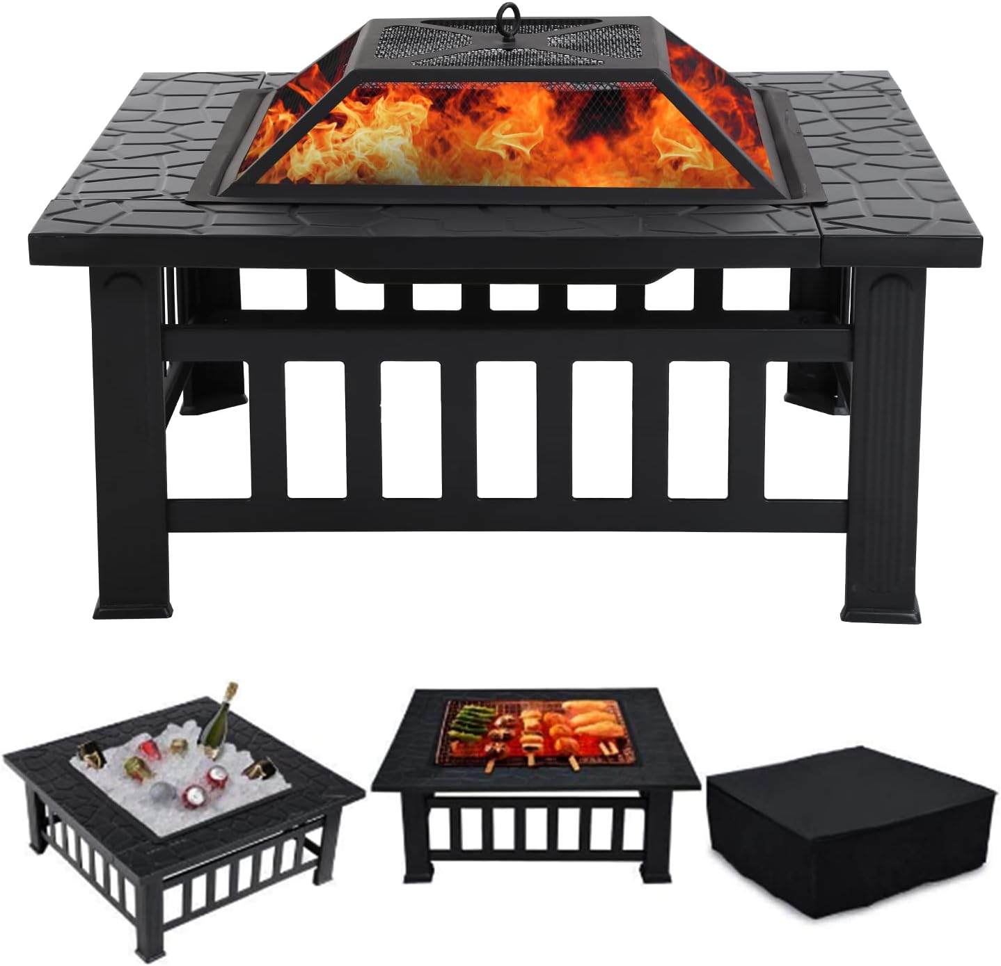 Outdoor Fire Pit 32 Inch Square Metal Firepit with Charcoal Rack& Spark Screen, Heavy Duty 3 in 1 Fireplace Backyard Patio Garden Stove for Camping, Outdoor Heating, Bonfire and Picnic