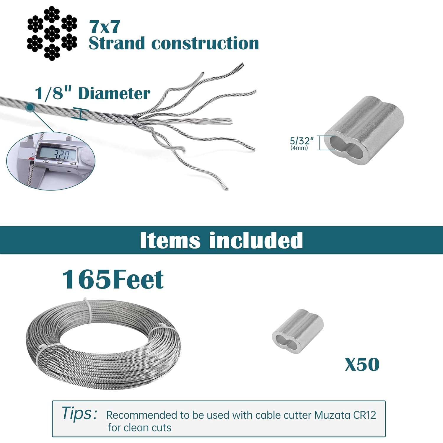 Muzata 165Feet 1/8inch Stainless Steel Wire Rope Aircraft Cable Railing Decking 7x7 Strand Indoor Outdoor DIY Balustrade String WR01 with 50Pack Ferrules,WP1