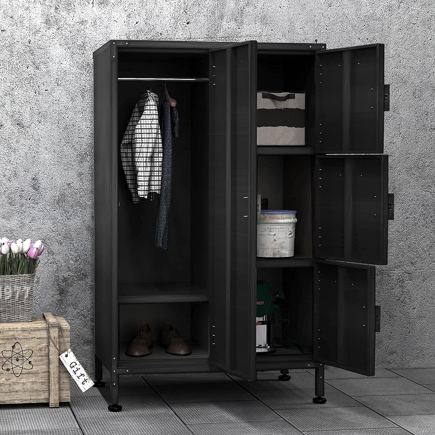 PIAOMTIEE 4 Door Metal Cabinet, Lockable Black Storage Cabinet Locker with Doors and Shelves for Home, Office, Dorm, Vented Freestanding Cabinet Industrial Style w/Adjustable Feet, 4 Locks