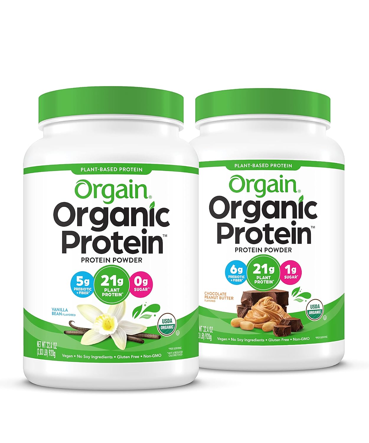 Orgain Bundle - Vanilla Protein Powder and Chocolate Peanut Butter Protein Powder - (20 Servings Each) Vegan, Made Without Dairy, Gluten and Soy Pack of 2