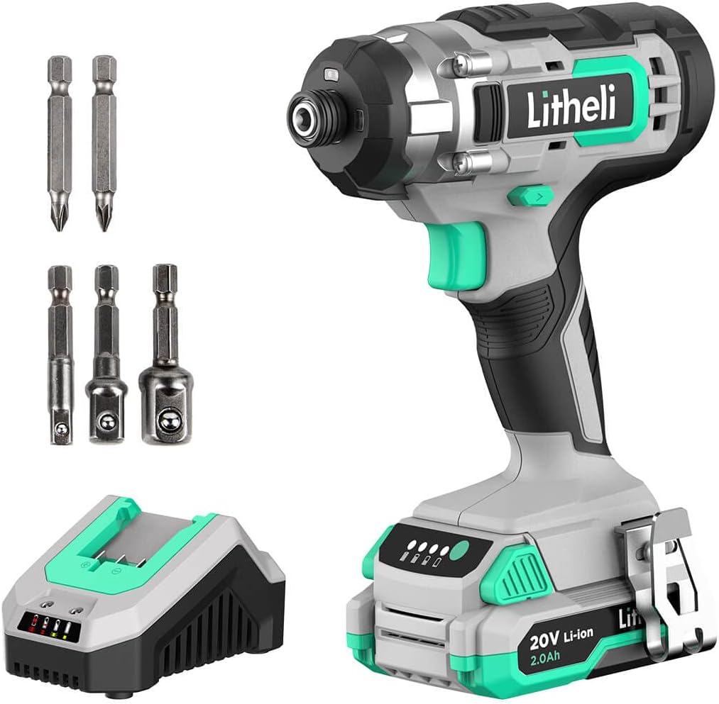 Litheli Cordless Impact Driver 20V, 1150 In-Lbs Torque, 1/4&Prime; Quick-Release Hex Chuck, 3 Socket Adapters, 2 Driver Bits, with 2.0 Ah Battery & 1 Hour Fast Charger