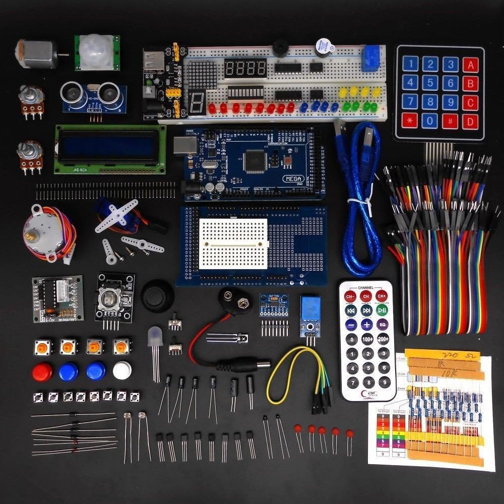 Complete Ultimate STEM Electronic Projects Starter Kit for Arduino with Mega2560, LCD1602, Servo, Stepper Motor, Sensors, Breadboard , Jumper Wire, Resistor, Capacitor, Transistor and Tutorial
