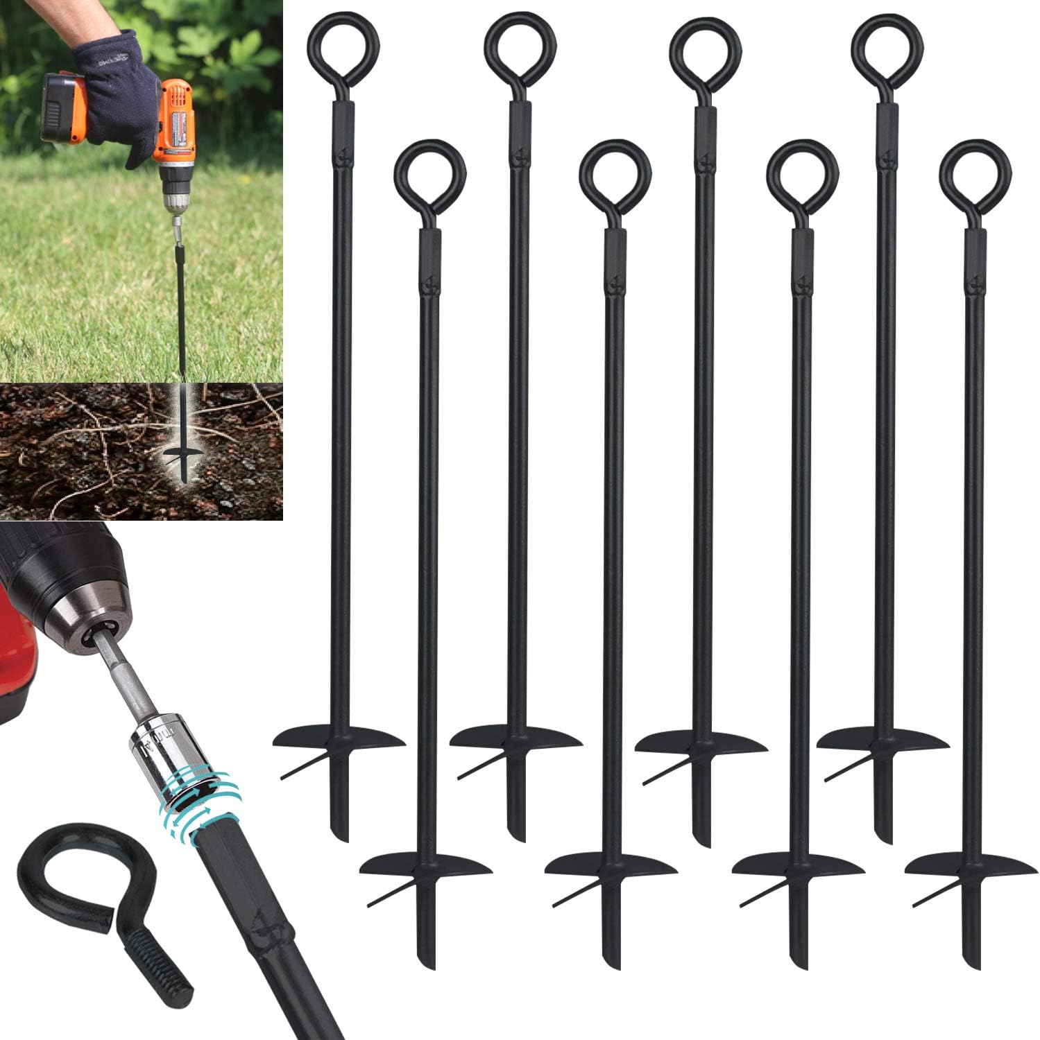 Ashman Black Ground Anchor 15 Inches in Length and 10MM Thick in Diameter , Ideal for Securing Animals, Tents, Canopies, Sheds, Car Ports, Swing Sets (Ground Anchor Drill 8 Pack)