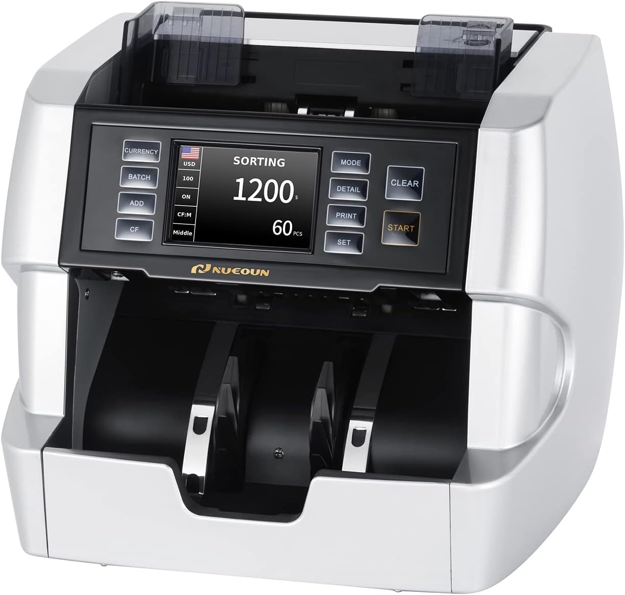 NUCOUN VC-7S Silver Prime Level Bank Grade Money Counter Machine Mixed Denomination Value Counting Serial Number 32 Currency Enabled 2CIS/UV/IR/MG/MT Counterfeit Detection Bill Value Counter