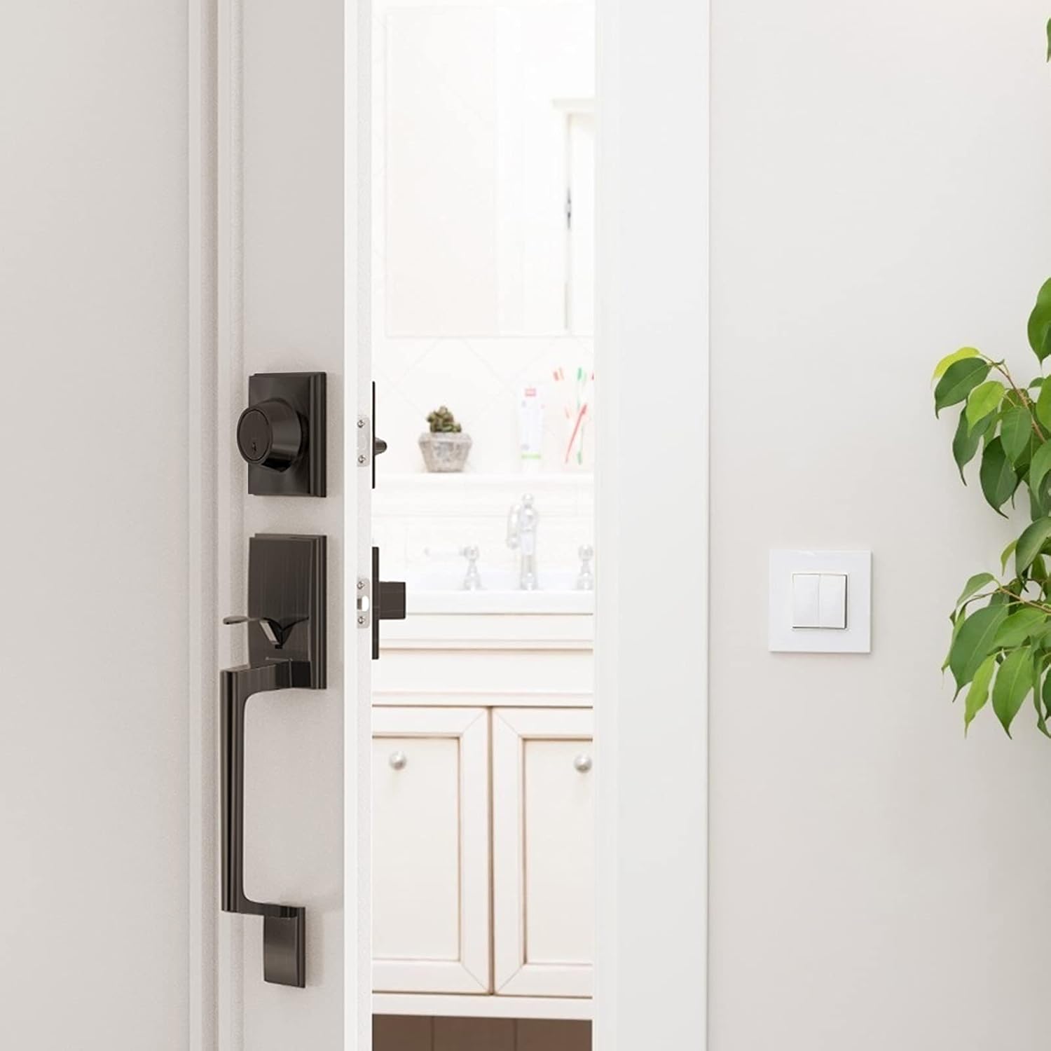 Oasbike Premium Single Cylinder Door Handleset, Front Door Handle Set with Deadbolt, Entry Door Lock Set with Handle Lever for Right & Left Sided Doors, Aged Bronze Finish Pack of 2