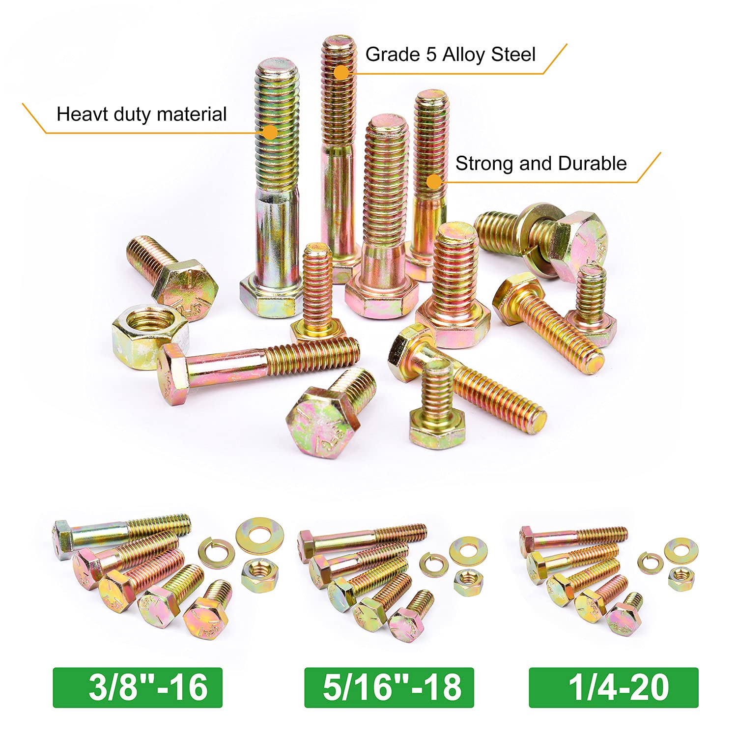 FOLIV 467Pcs Heavy Duty Bolt Nut Washer Kit - Flat Hex Screws Bolts Nuts Lock and Flat Gasket Washers Assortment Kit, Grade 8 Pack of 2