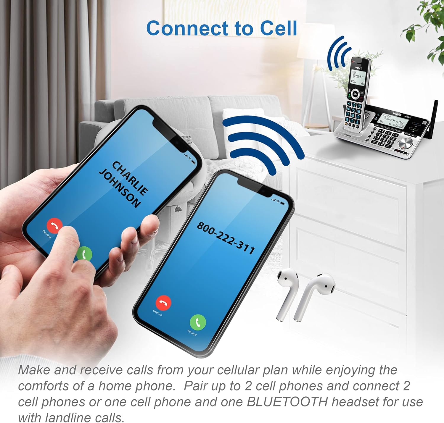 VTech VS113-3 Extended Range 3 Handset Cordless Phone for Home with Call Blocking, Connect to Cell Bluetooth, 2