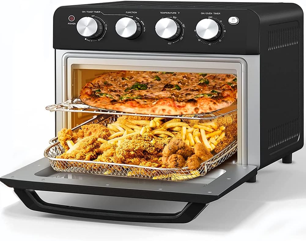 AUMATE Air Fryer Toaster Oven, 7-in-1 Convection Toaster Oven, 19 Quart Mini Oven with Timer, 4 Accessories 1550W Knob Control Multi-function Black