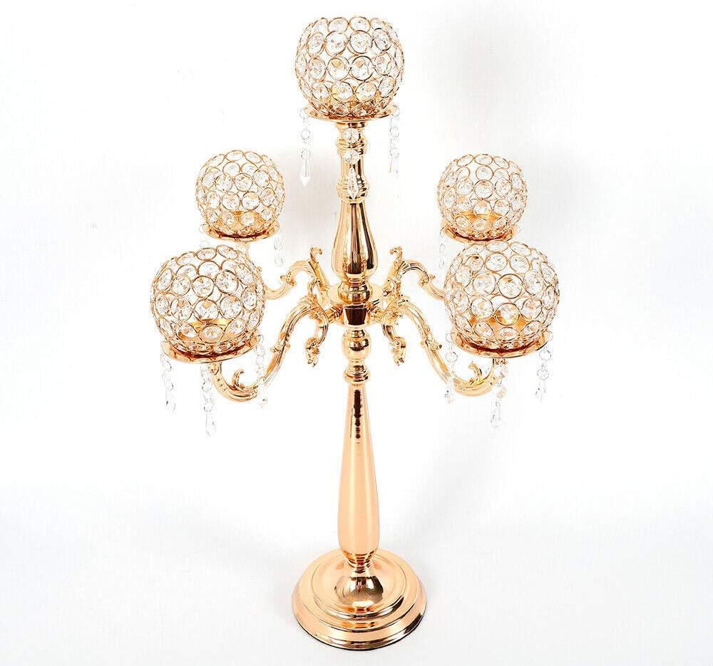 Gdrasuya10 Glass Crystals Candel Holder Tall,5 Arms Gold Crystals Candelabra Home Holiday Decorative Centerpiece for Wedding/ Home/ Event /Christmas Party Decoration,75CM Pack of 2