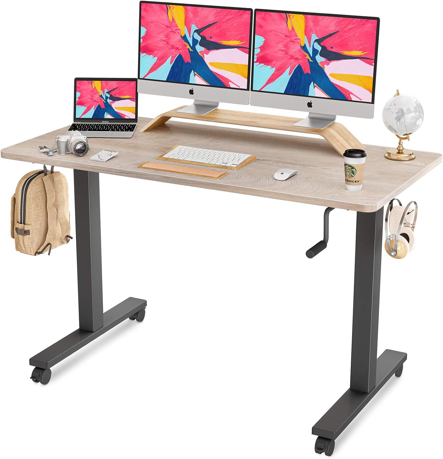 FEZIBO Crank Adjustable Height Standing Desk, 48 x 24 Inches Manual Stand up Desk, Sit Stand Desk with Handle, Home Office Desk with Greige Top and Black Frame