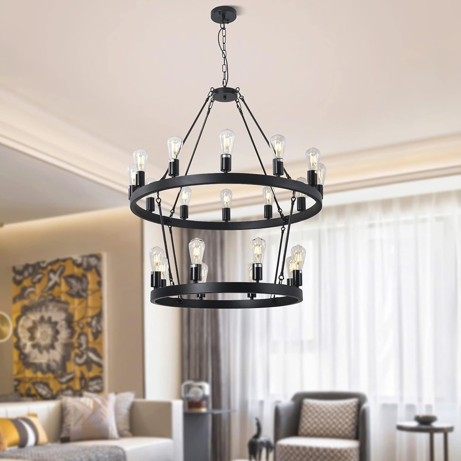 Black Double-Layer Circular Chandelier, Rural Wheel Farmhouse Island Light, 20 Light Branch Chandelier are Suitable for Villas, Living Rooms, Restaurants, Hotels, Clubs and Duplex Buildings