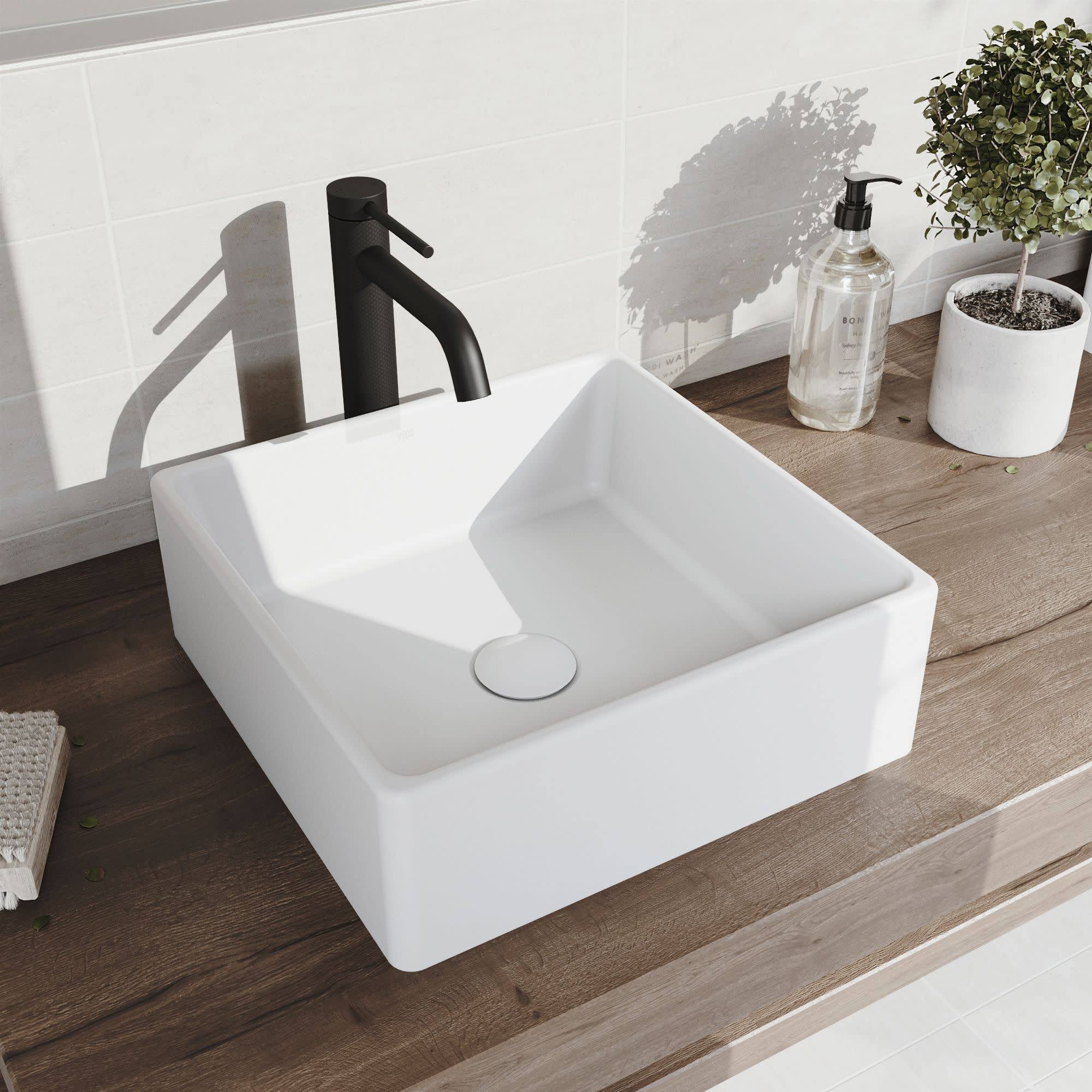 Vigo Matte Stone Dianthus Composite Square Vessel Bathroom Sink in White with Faucet and Pop-Up Drain in Matte Black VGT1453