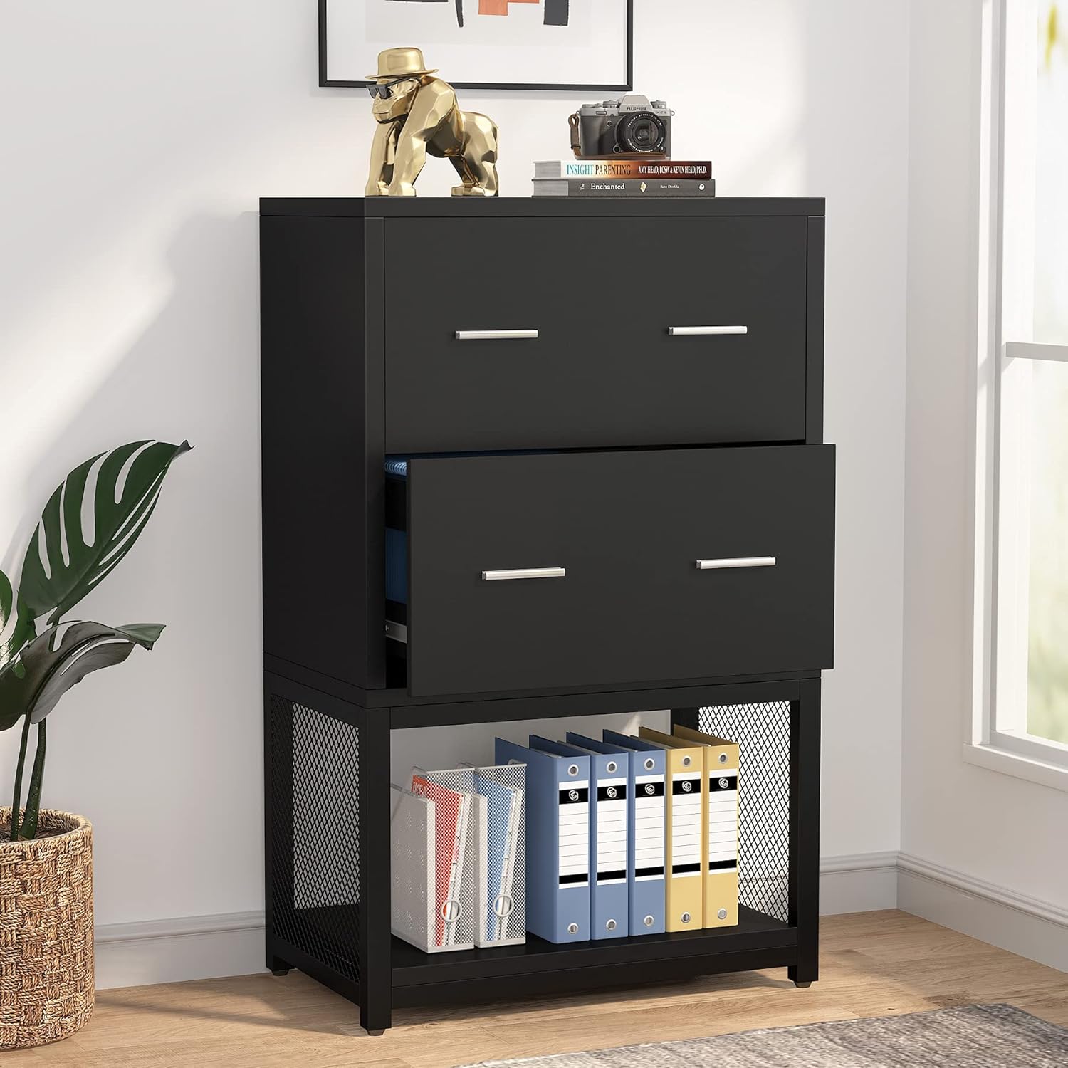 Tribesigns 2 Drawer Lateral File Cabinet Letter/Legal/A4 Size, Large Modern Filing Cabinet Printer Stand with Metal Wire Storage Shelves for Home Office (Black)